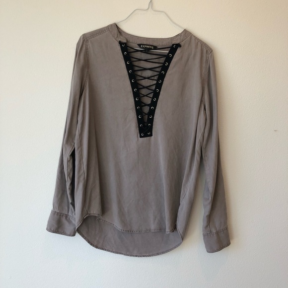 Grey/tan long sleeve lace up shirt - Picture 1 of 3